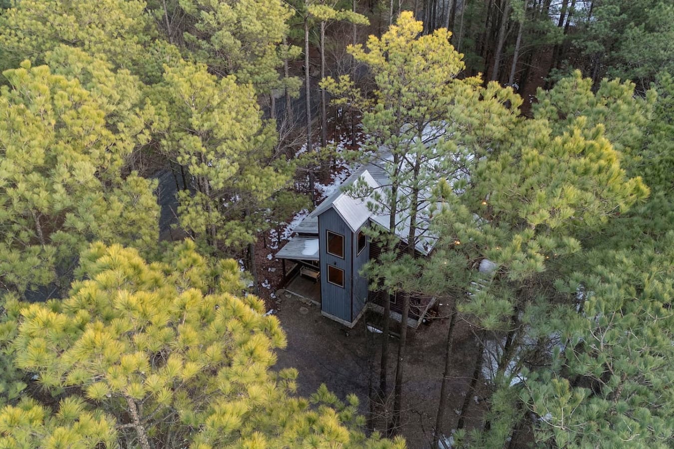 This cozy modern cabin nestled in the pines offers the ultimate forest escape with total privacy.