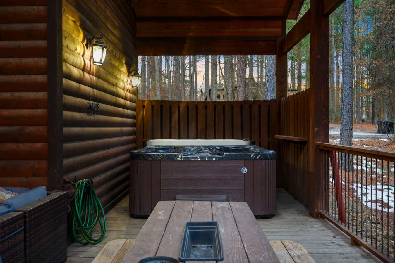 Nothing beats soaking in your private hot tub surrounded by tall pines and forest views.