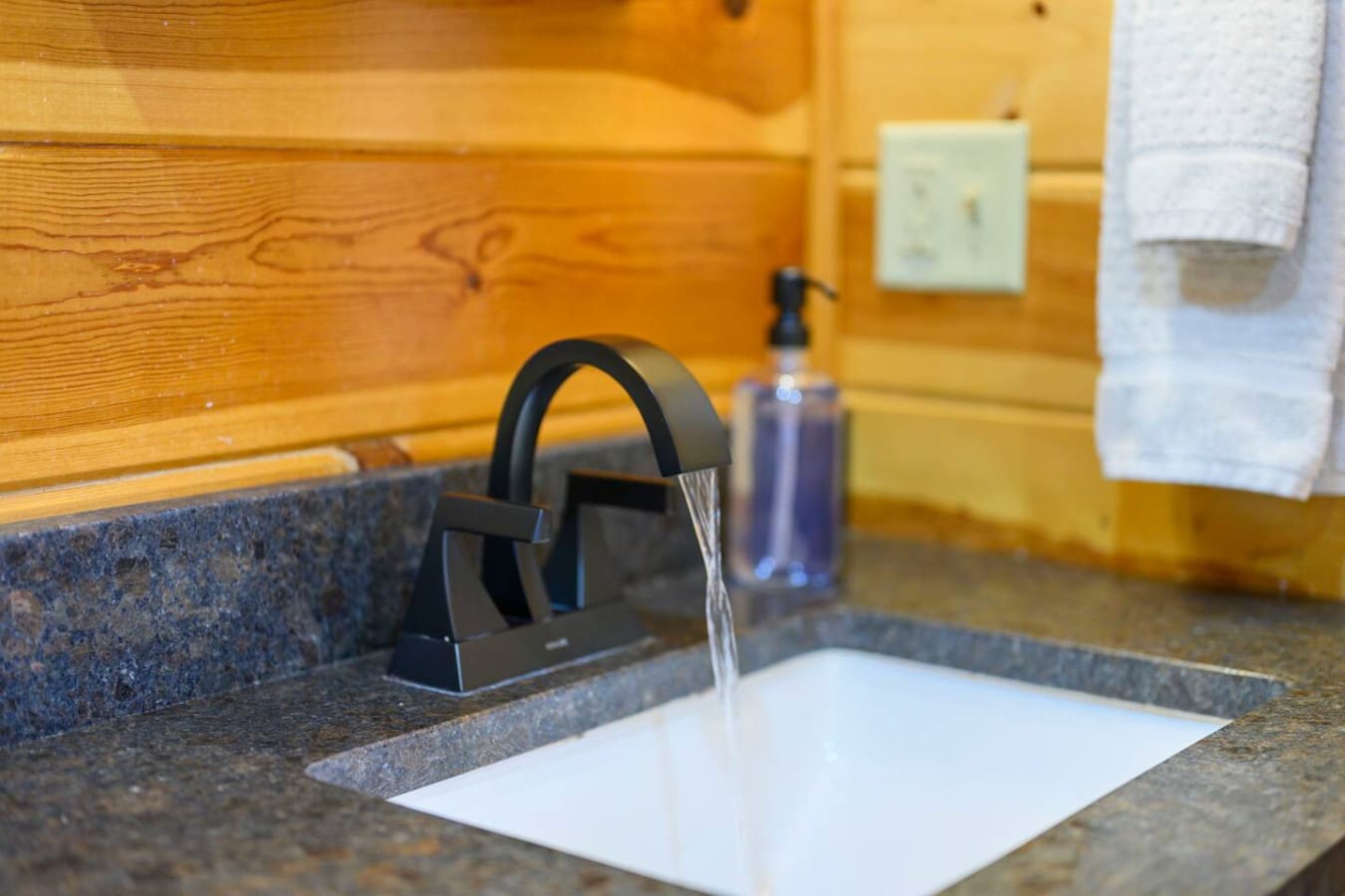 This sleek bathroom features a modern black faucet with clean granite countertops and warm wood paneling throughout.