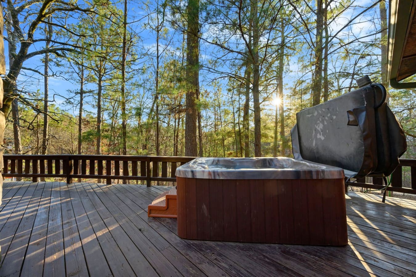 Nothing beats soaking in the hot tub while surrounded by those peaceful forest views.