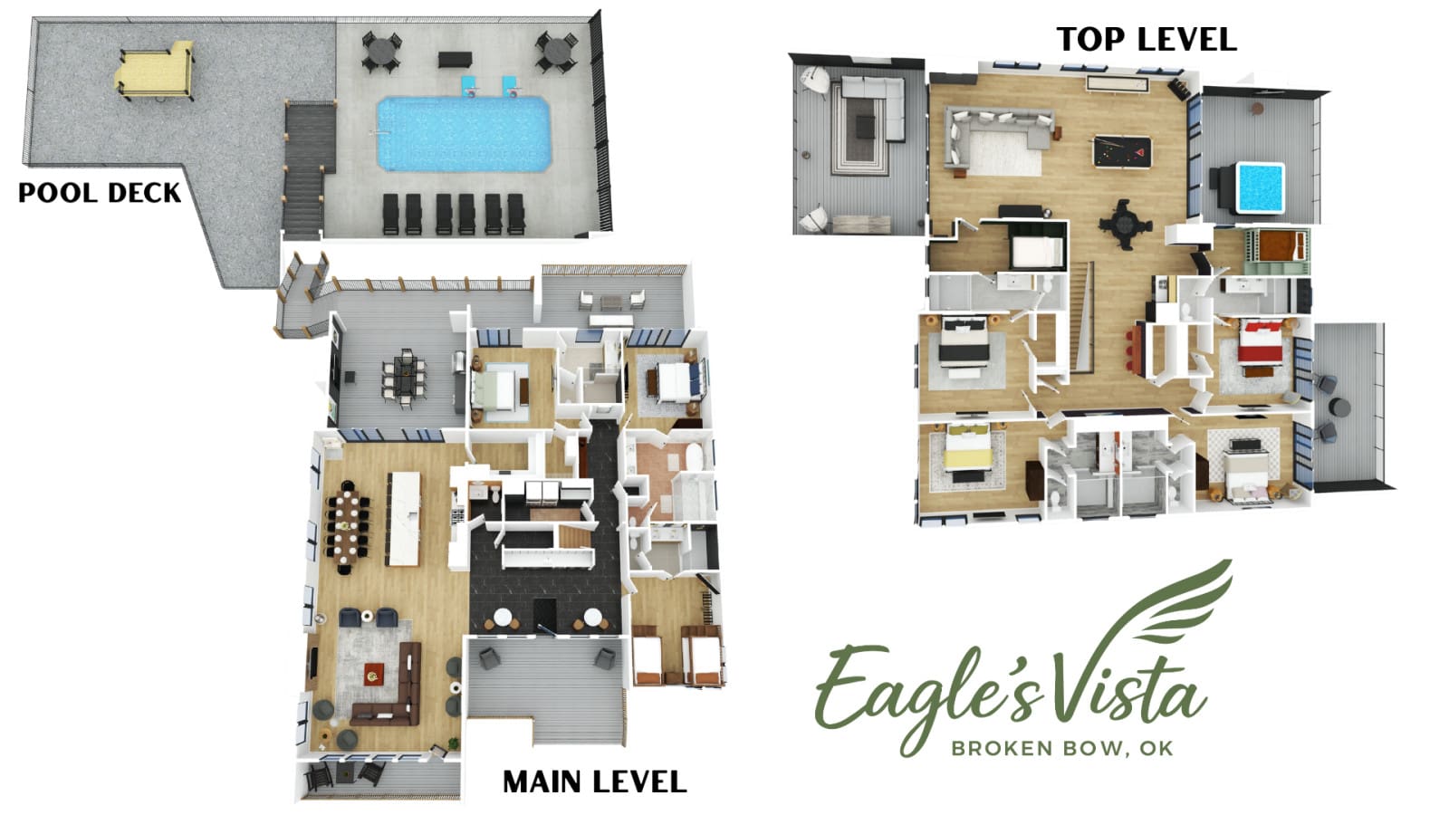 Here's the full layout of Eagle's Vista — pool deck, main level, and top floor all designed to keep 30 guests happy.