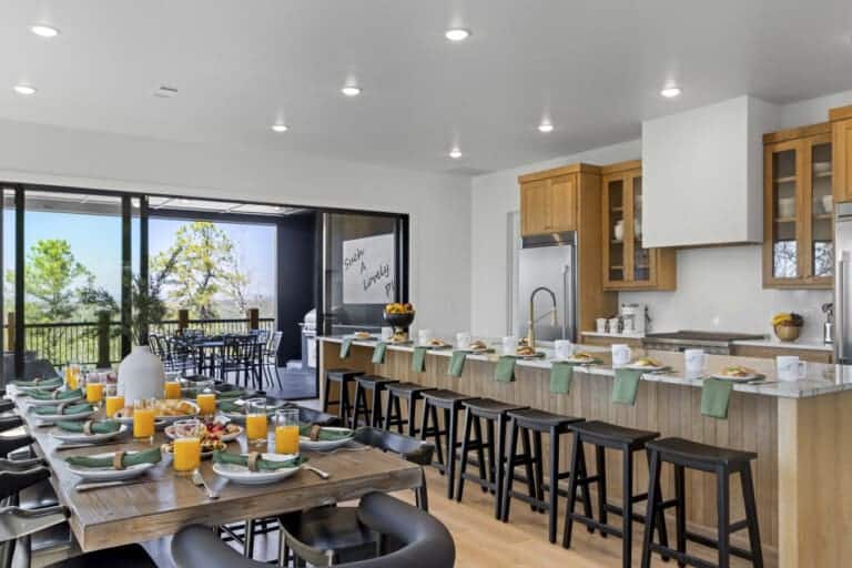 Brunch is served at the long bar and dining table, with room for the whole crew to eat together.