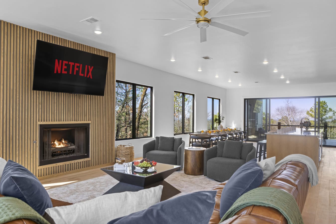 Netflix on the big screen, fire going, and room for the whole group to spread out after a long day exploring.