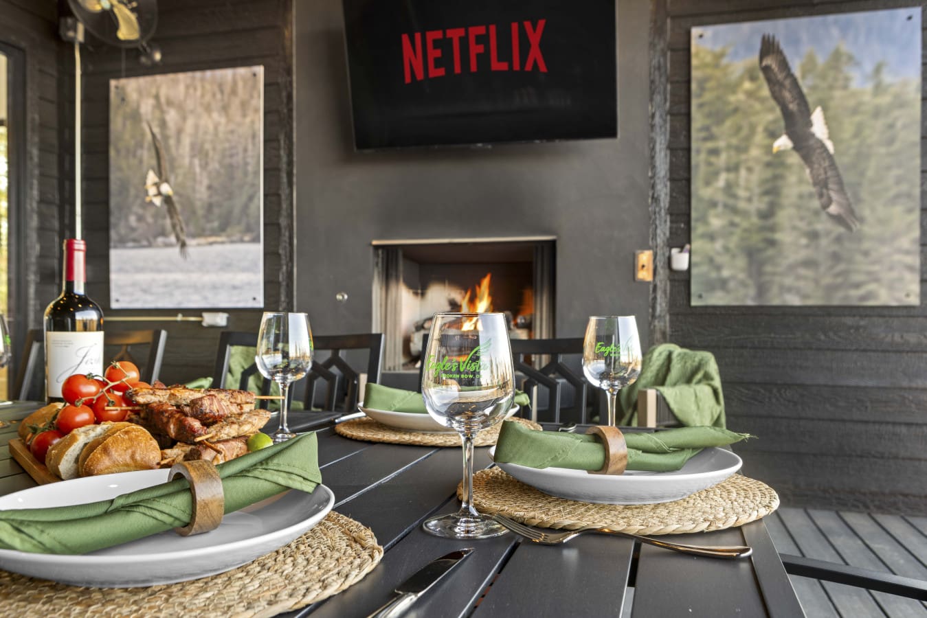 Fireplace glowing, Netflix queued up, and those custom Eagle's Vista details in every corner.
