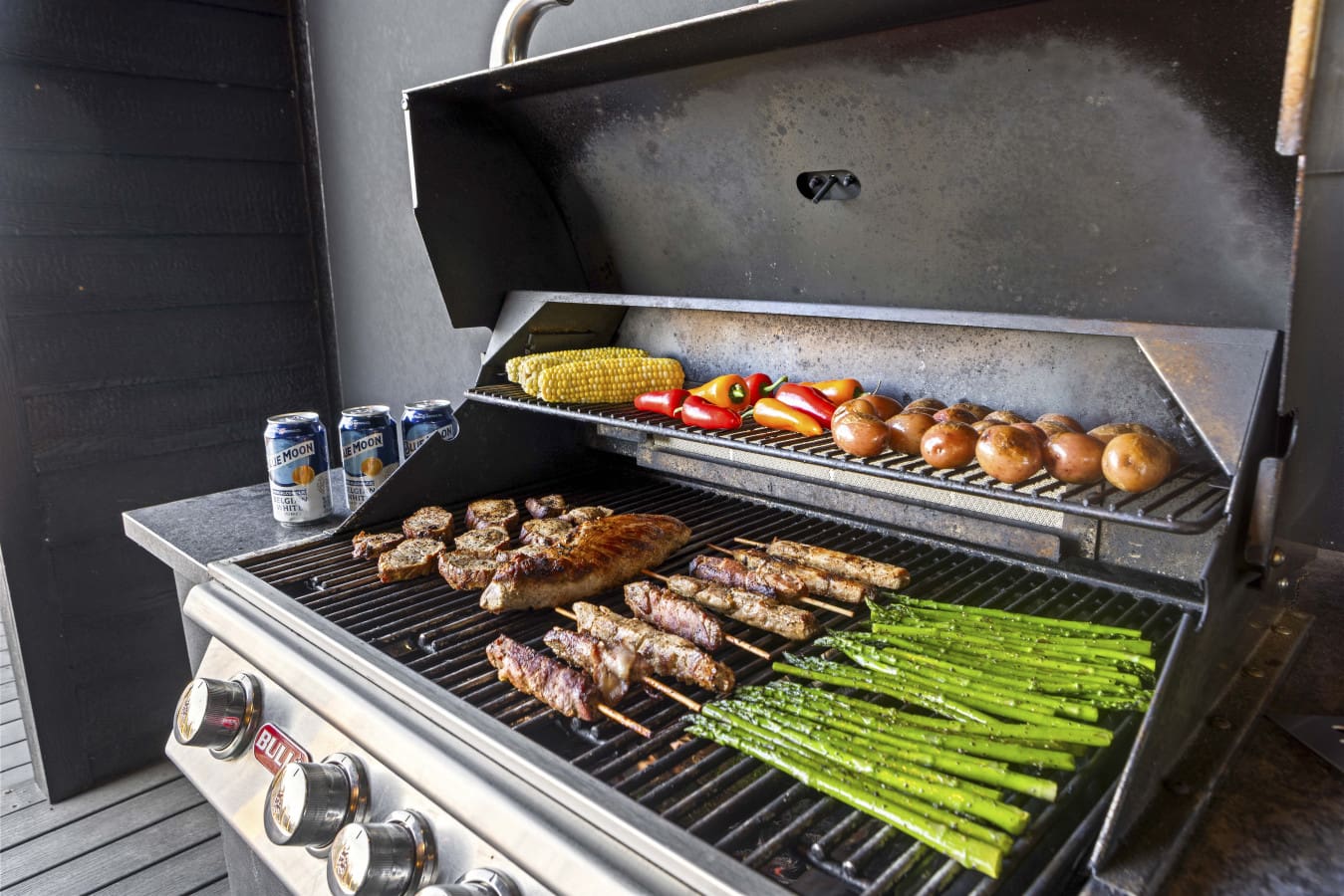 Fire up the grill for kebabs and asparagus while the crew cracks open some Blue Moons on the deck.