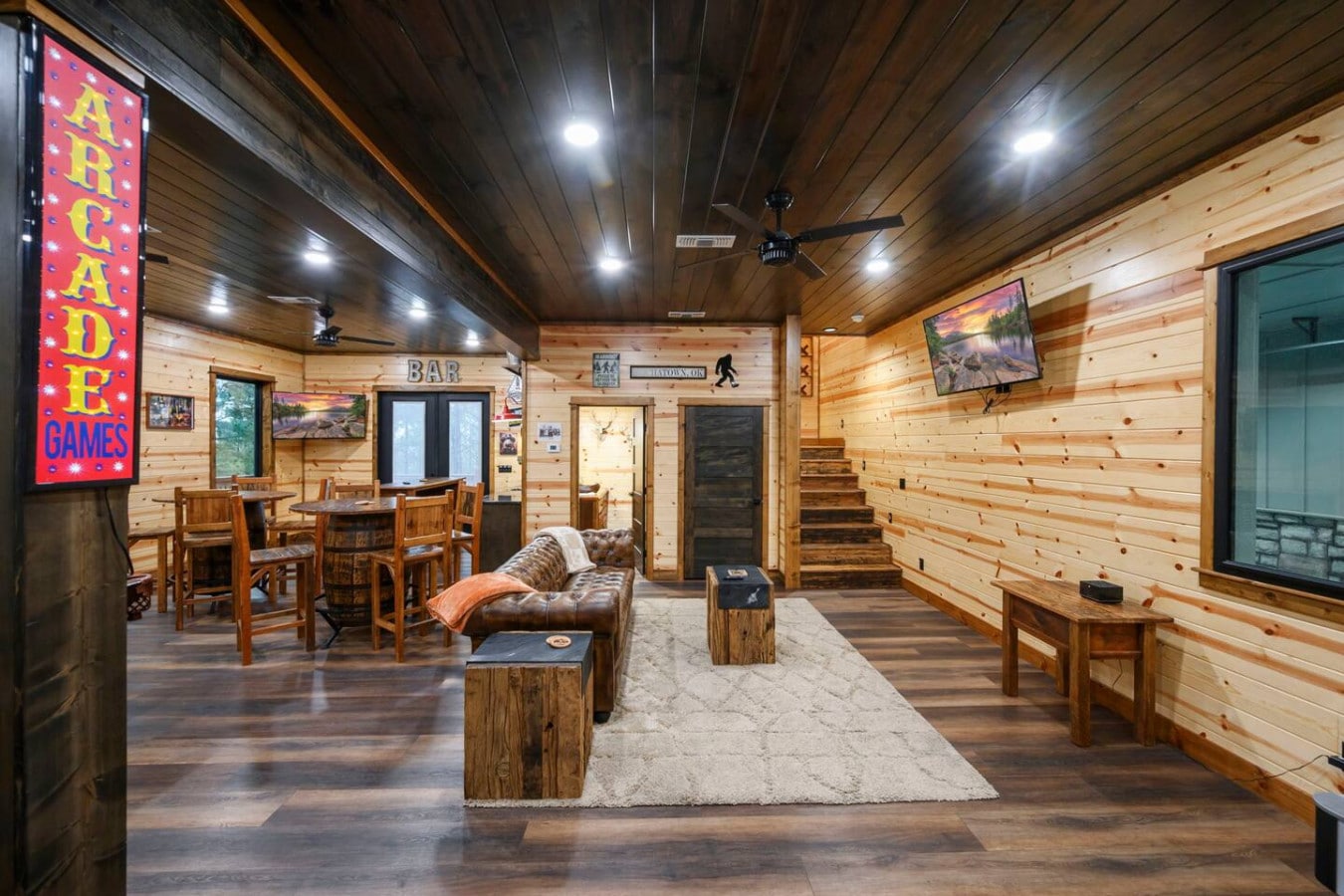 This spacious game room has everything you need to hang out with friends and family in style.