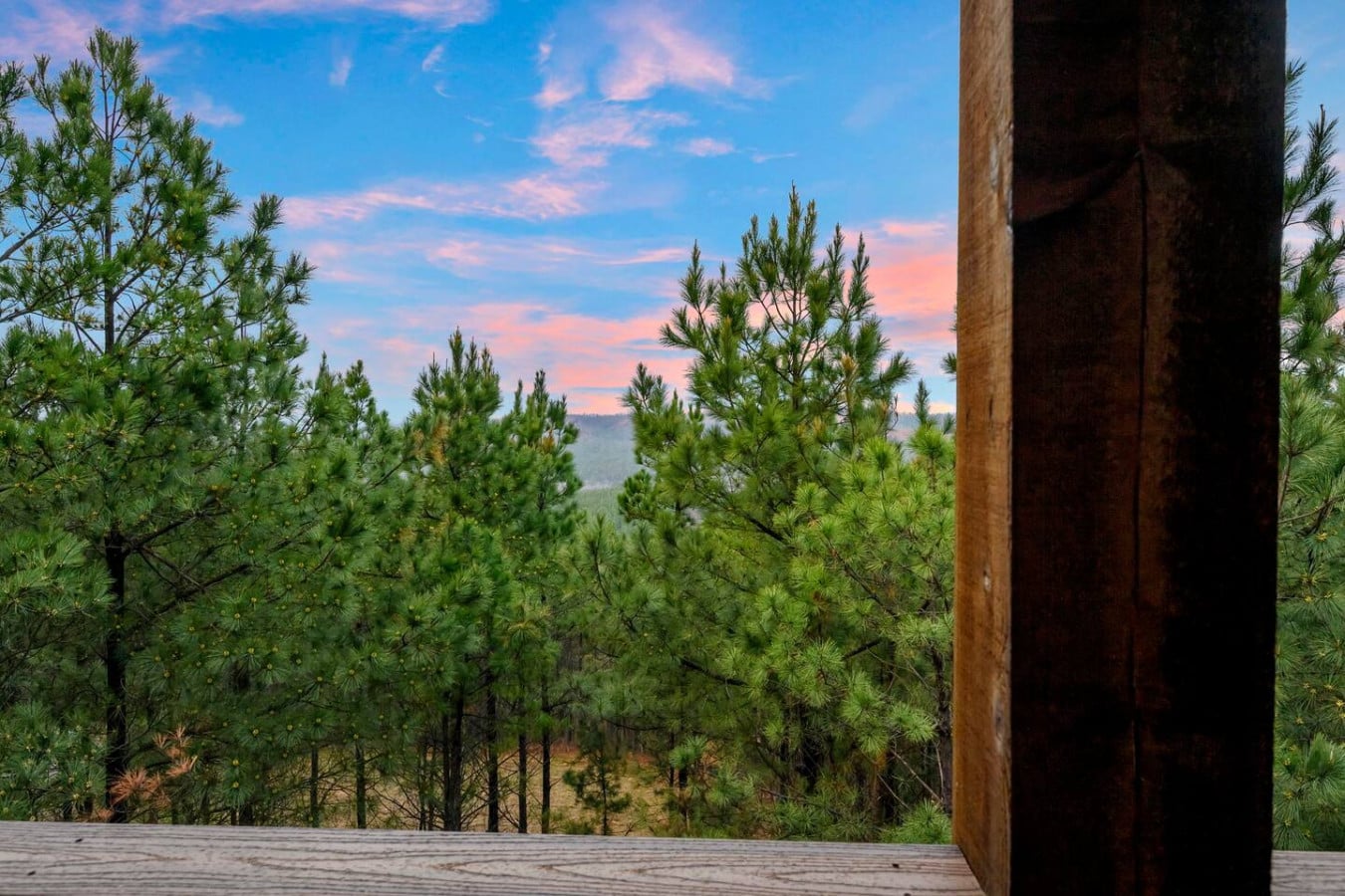 Wake up to this stunning forest view with mountains in the distanceu2014pure peace and quiet.