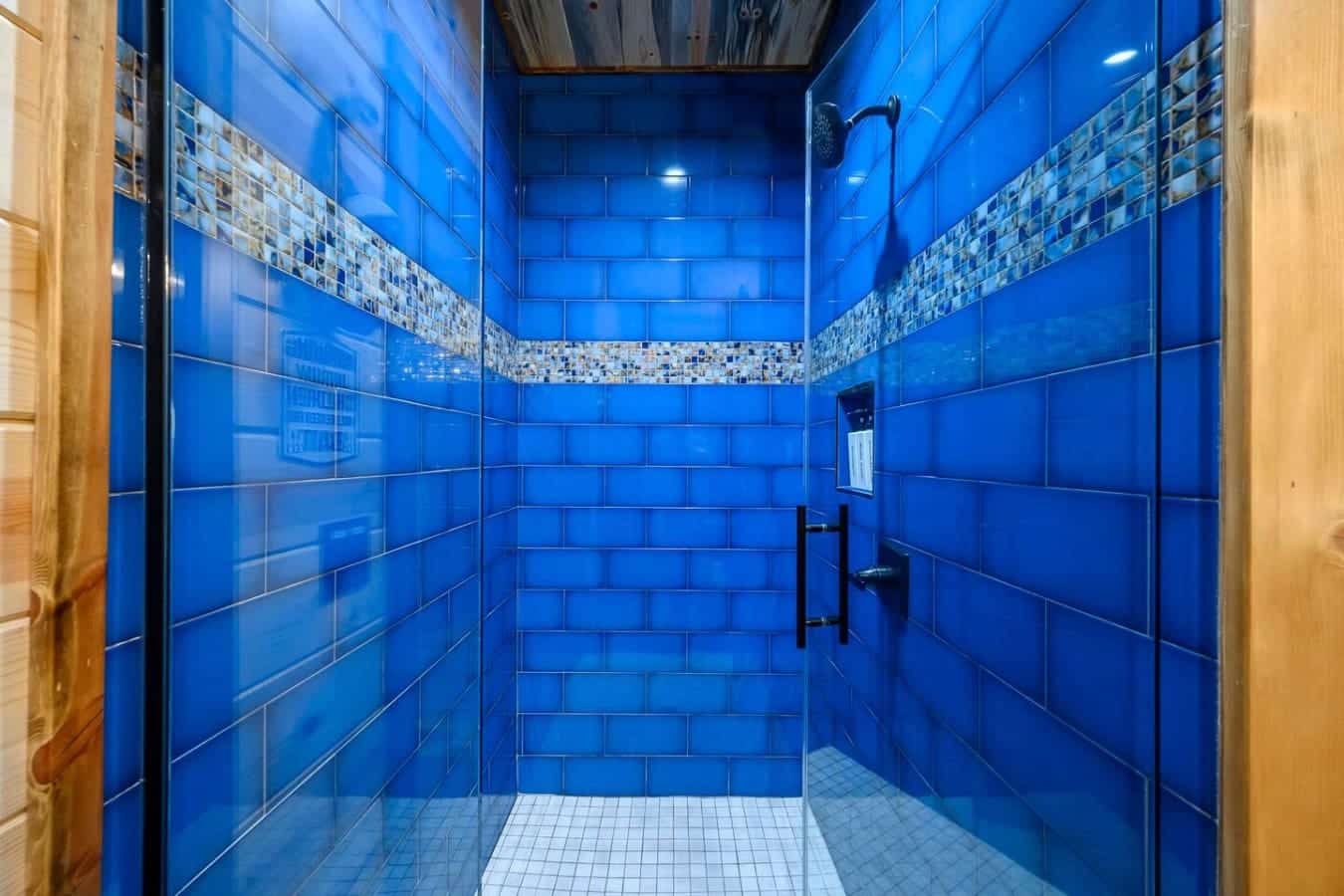 This spa-like shower is basically a blue dream with gorgeous tile work and rainfall showerhead vibes.