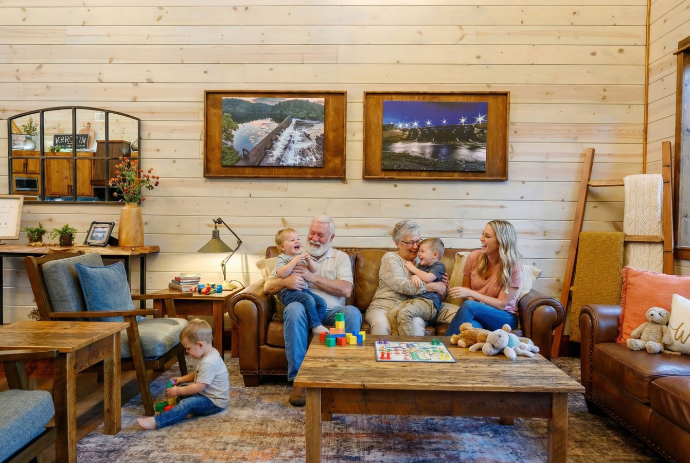 This cozy wood-paneled living room is perfect for families to relax together with plenty of comfortable seating and natural light.