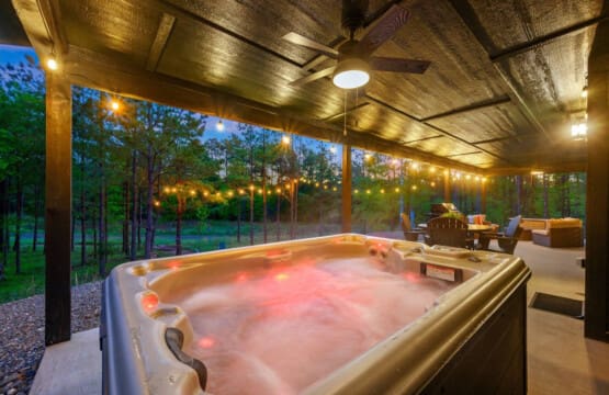 Nothing beats soaking in a hot tub under this covered patio as the forest around you glows in that perfect twilight light and the stars start peeking through.