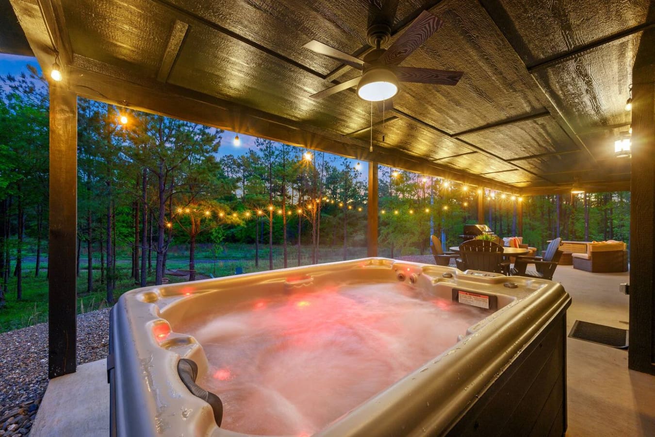 Nothing beats soaking in a hot tub under this covered patio as the forest around you glows in that perfect twilight light and the stars start peeking through.