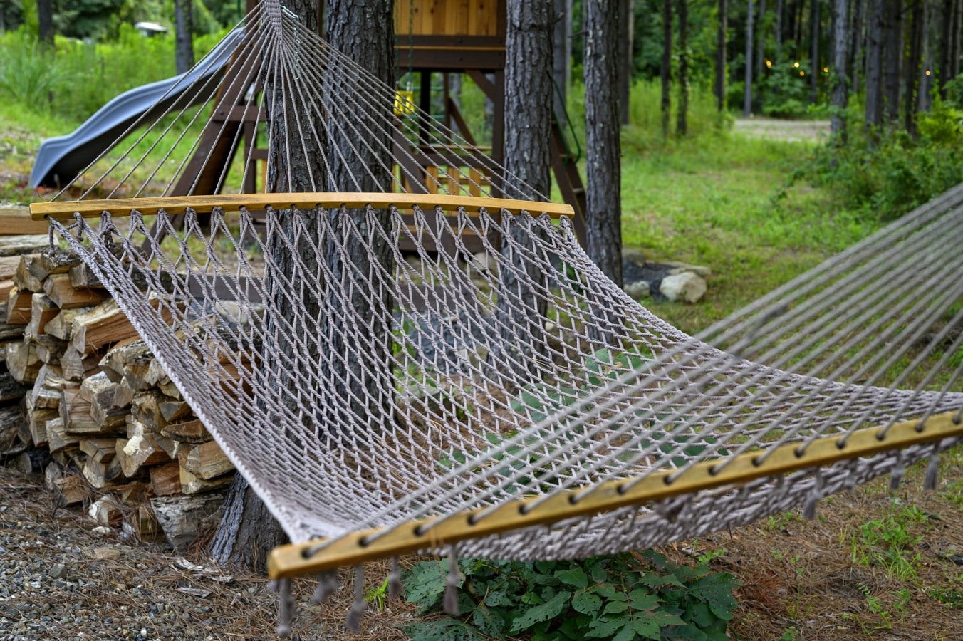 Hammock nestled between the trees for quiet afternoons outside.