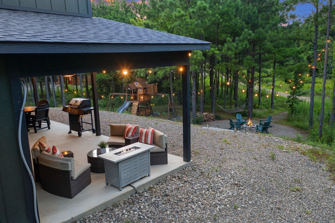 Aerial angle highlighting the covered patio and outdoor amenity layout.