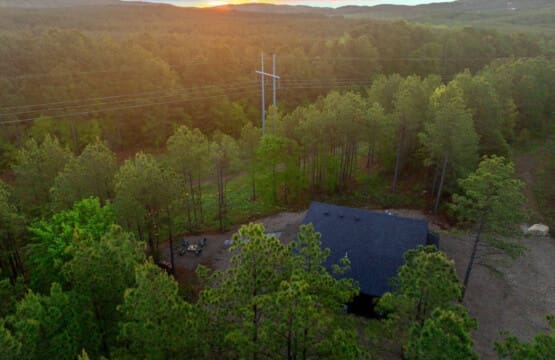 Wake up to this—your own modern cabin nestled in a sea of towering pines with the sunrise painting the sky in those perfect peachy-pink shades while the forest stretches out endlessly in every direction.