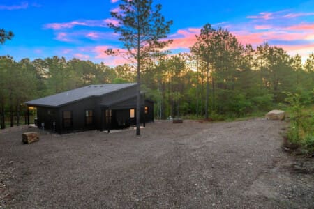 This sleek modern black cabin tucked into the forest feels like stepping into your own private retreat, especially with that stunning twilight sky lighting everything up just right.