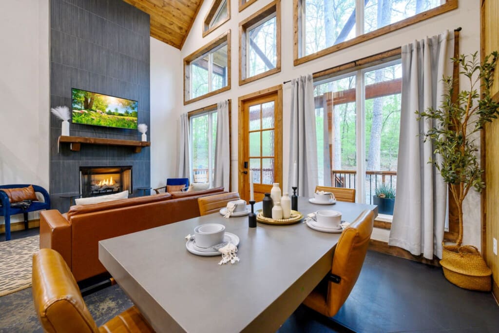 The well-equipped kitchen makes meal prep a breeze in your serene retreat.
