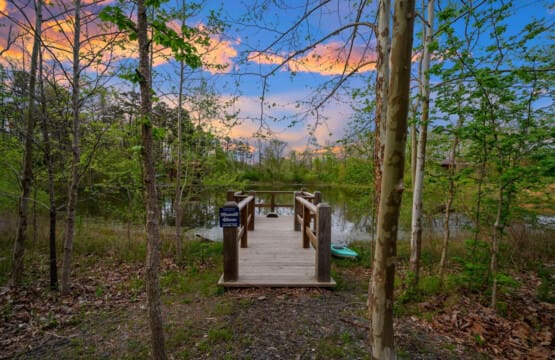 This inviting cabin deck offers peaceful views of the tranquil pond.