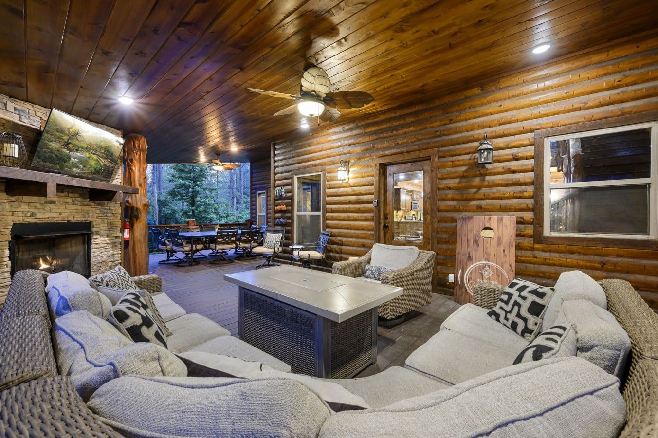 Spend your evenings gathered around the fire pit under a covered deck with the whole crew.
