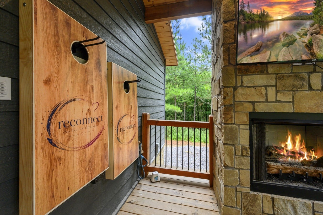 A roaring outdoor fireplace and big-screen TV mean the party never has to go inside.