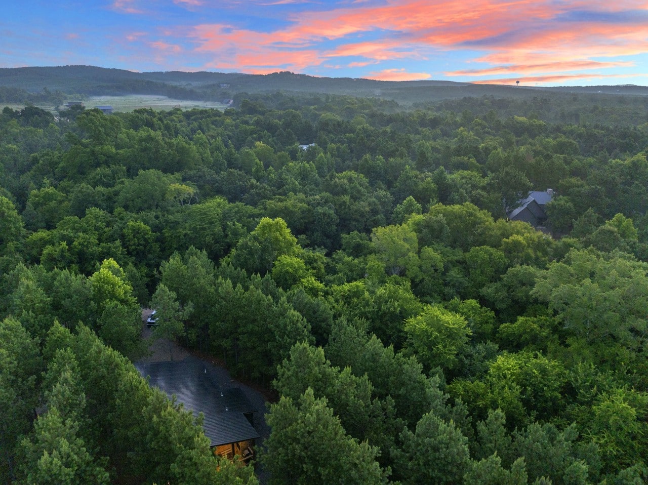 Sunset drone view showing the broader forest setting around the cabin.