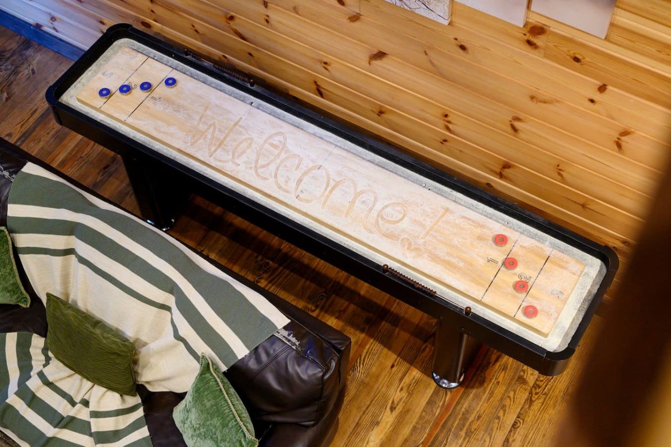 Shuffleboard table detail overlooking the great room.