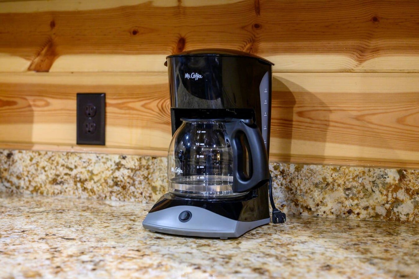 Drip coffee maker ready for easy mornings at the cabin.