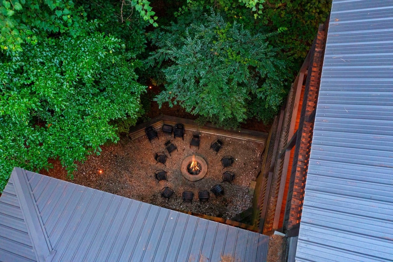 Overhead view of the fire pit seating area below the decks.
