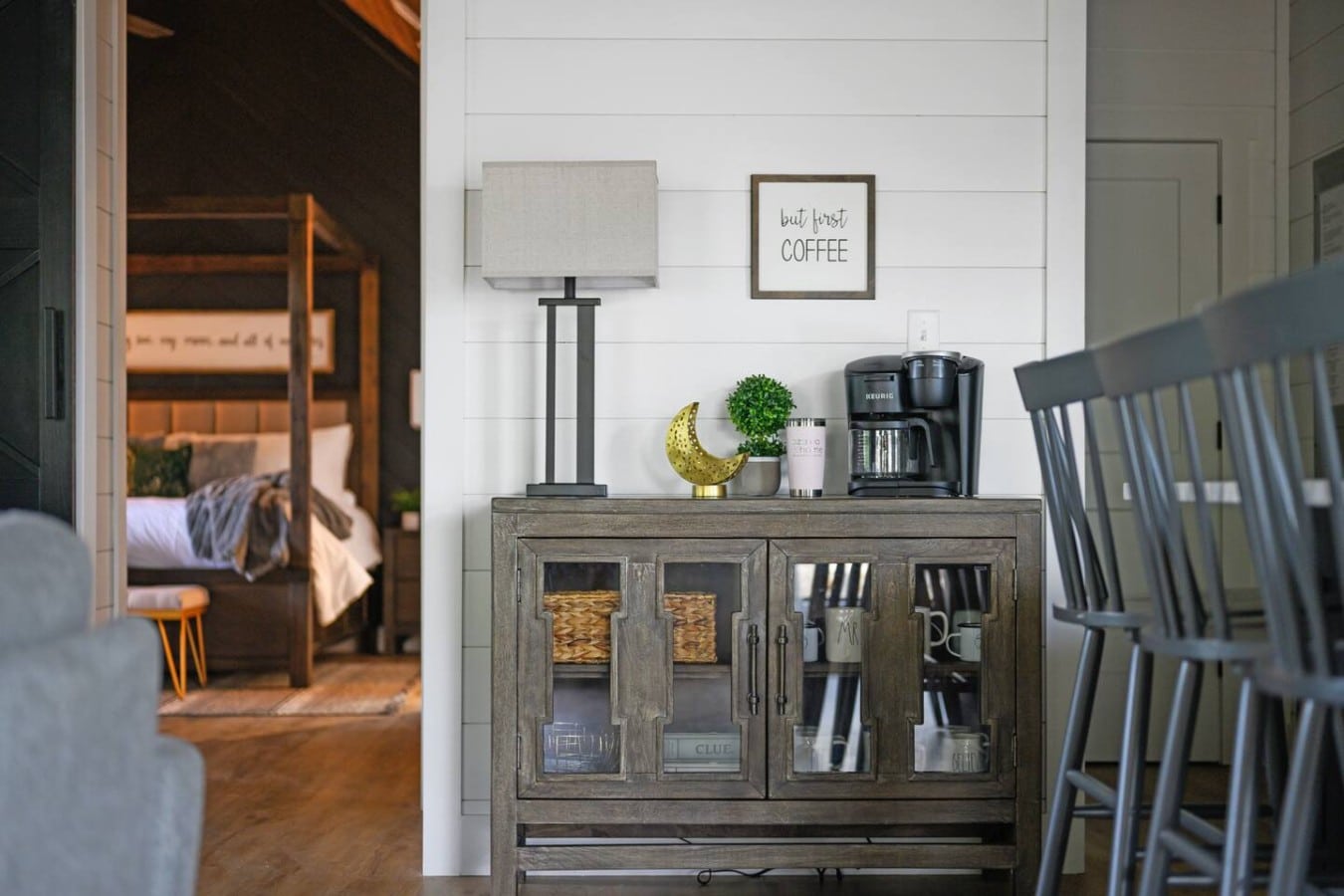 Start your mornings right with a Keurig coffee station just steps from your canopy bed.