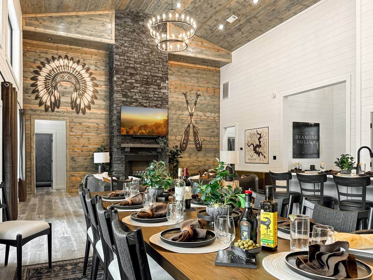 Branded place settings and a stone fireplace make every meal feel like an occasion.