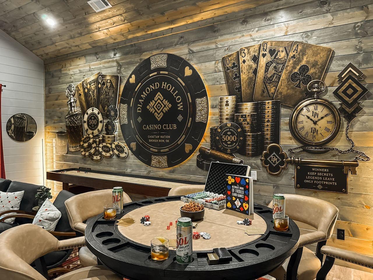 Deal in style at your private casino-themed poker and shuffleboard lounge.