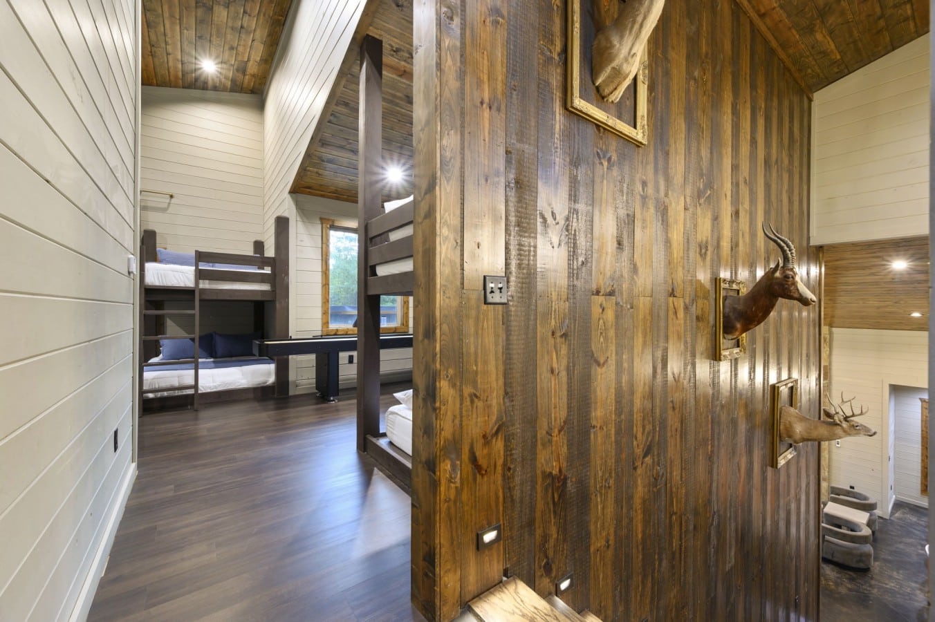 Kids sleep surrounded by rustic charm, mounted taxidermy, and bunk beds built for adventure.