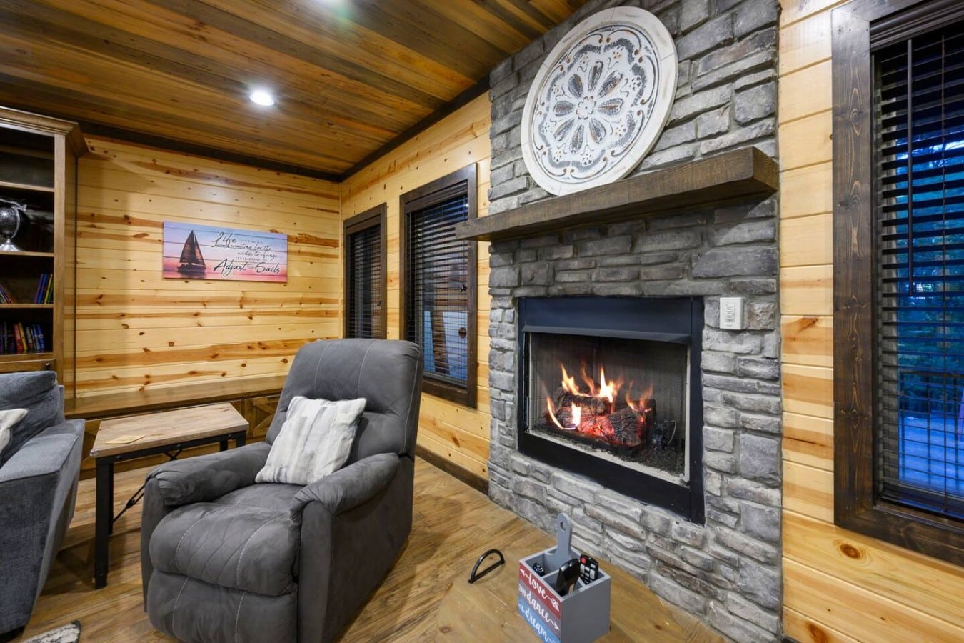 Nothing beats curling up in a recliner while real flames dance in the stone hearth.