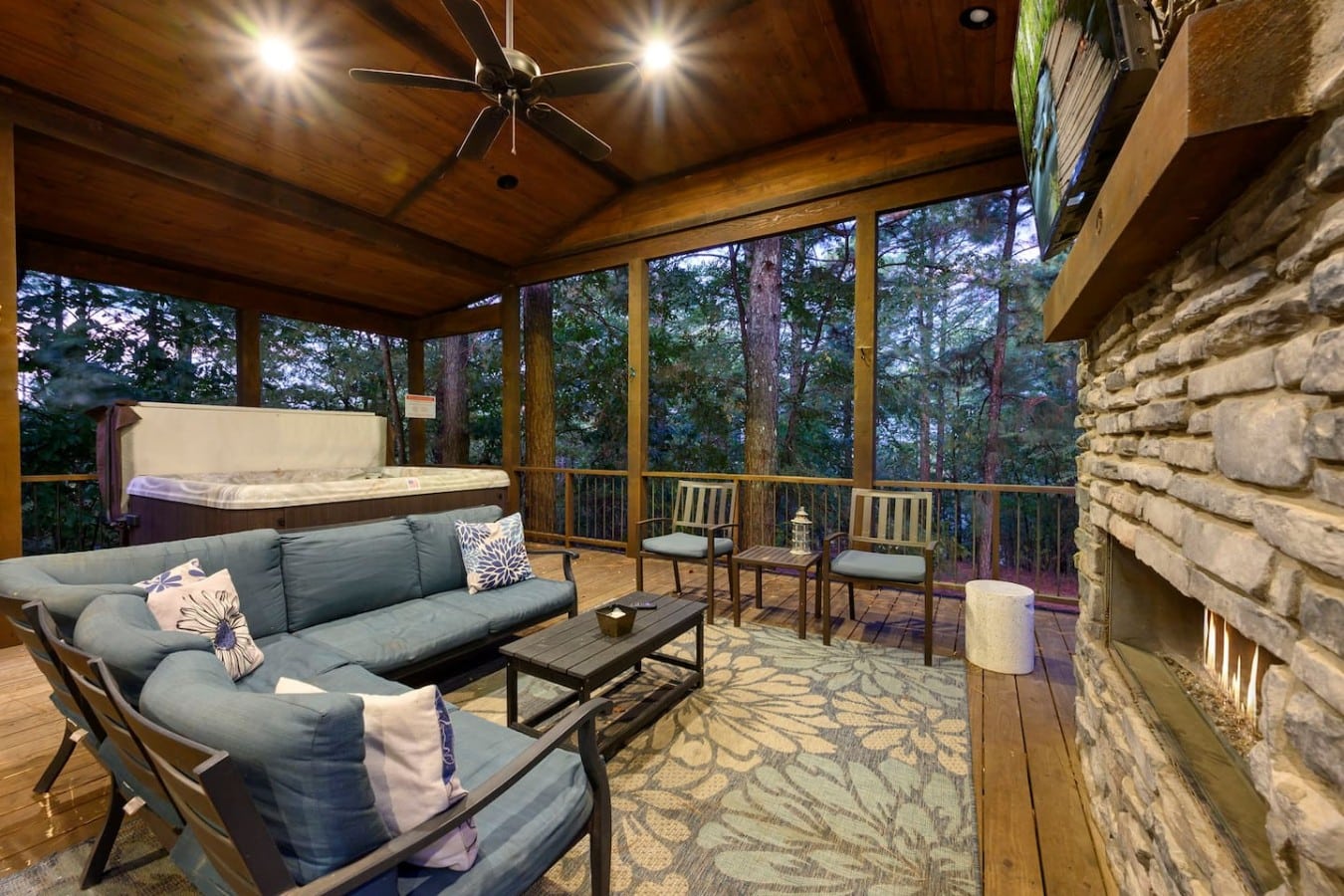 Soak in the hot tub beside a roaring fire while the forest wraps around you.