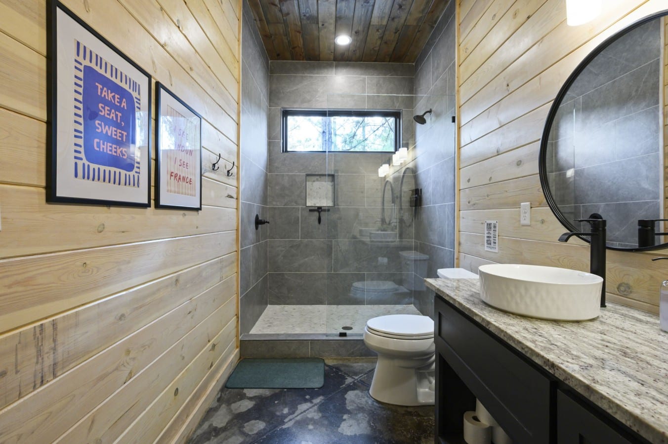 Clean up in comfort with a walk-in tiled shower that even has a sense of humor.