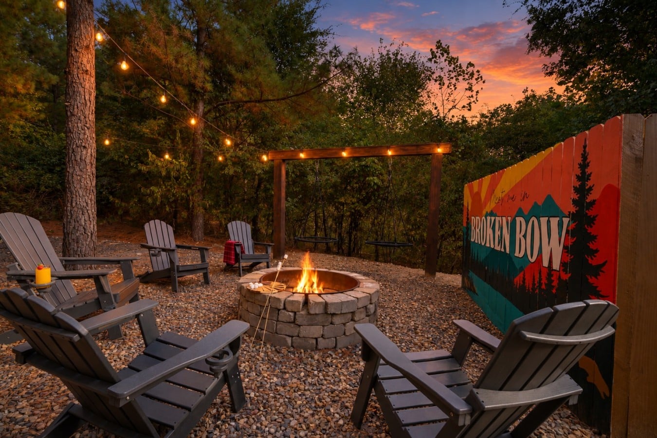 Gather on Adirondack chairs and porch swings around the fire pit for s'mores and stories.