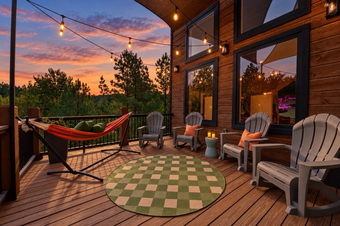 Swing in the hammock or sit around the checkered rug on the upper deck at sunset.