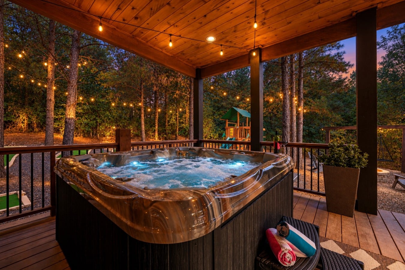 Soak under string lights in the covered hot tub as the sky turns gold over the trees.