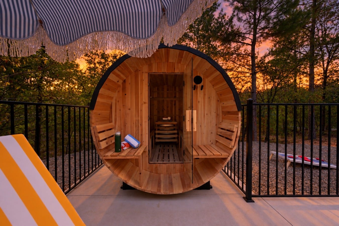 Warm up in the cedar barrel sauna, then cool off with a dip in the pool just steps away.