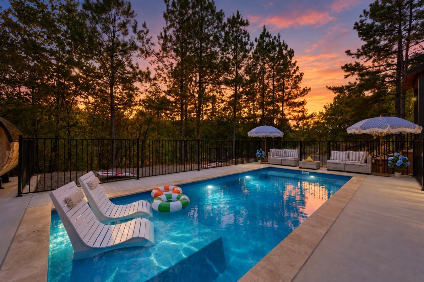 In-pool loungers, colorful floats, and a blazing sunset make this the most enviable swim of the
