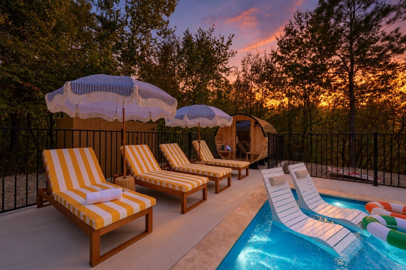 Striped loungers, in-pool chaises, and a cedar sauna steps away. Resort days start right here.