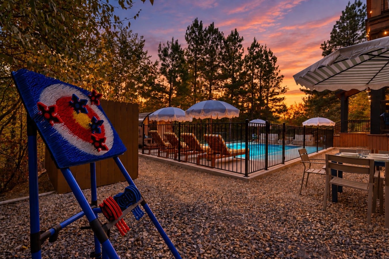 Toss ladder-ball before diving into a sunset-lit pool surrounded by swaying pines and open sky.