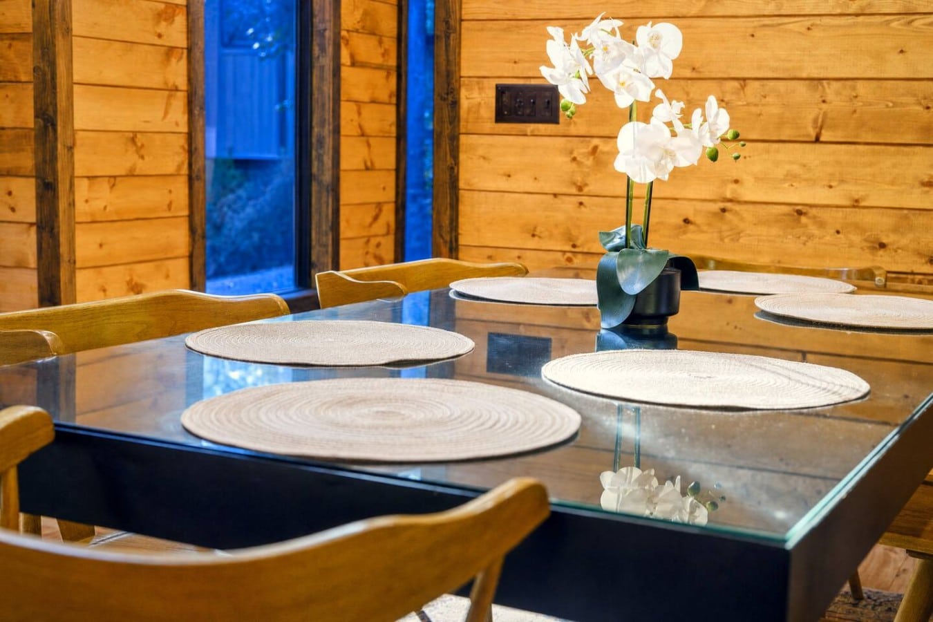 Linger over meals at a beautifully set table inside your warm cabin hideaway.