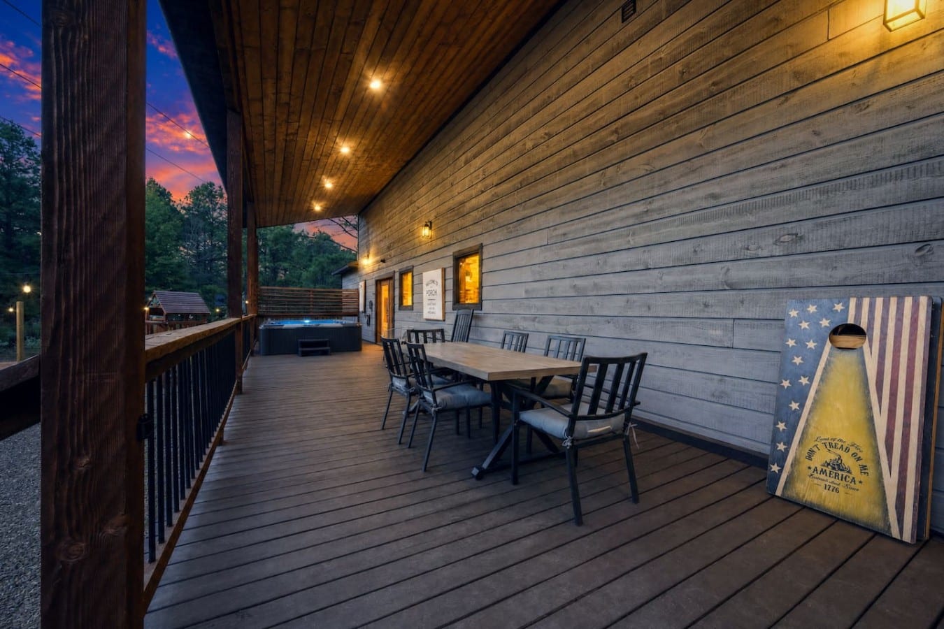 Cornhole, hot tub, dining al fresco — this deck turns every evening into a party.