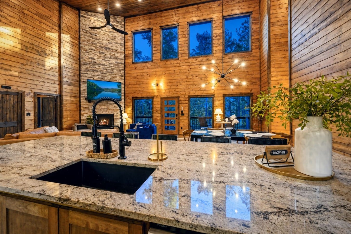 The fireplace roars as your group gathers in this soaring open great room.