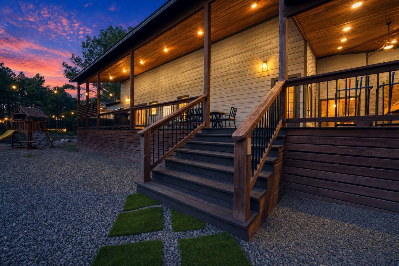 String lights and a sunset sky set the perfect mood for evening memories.