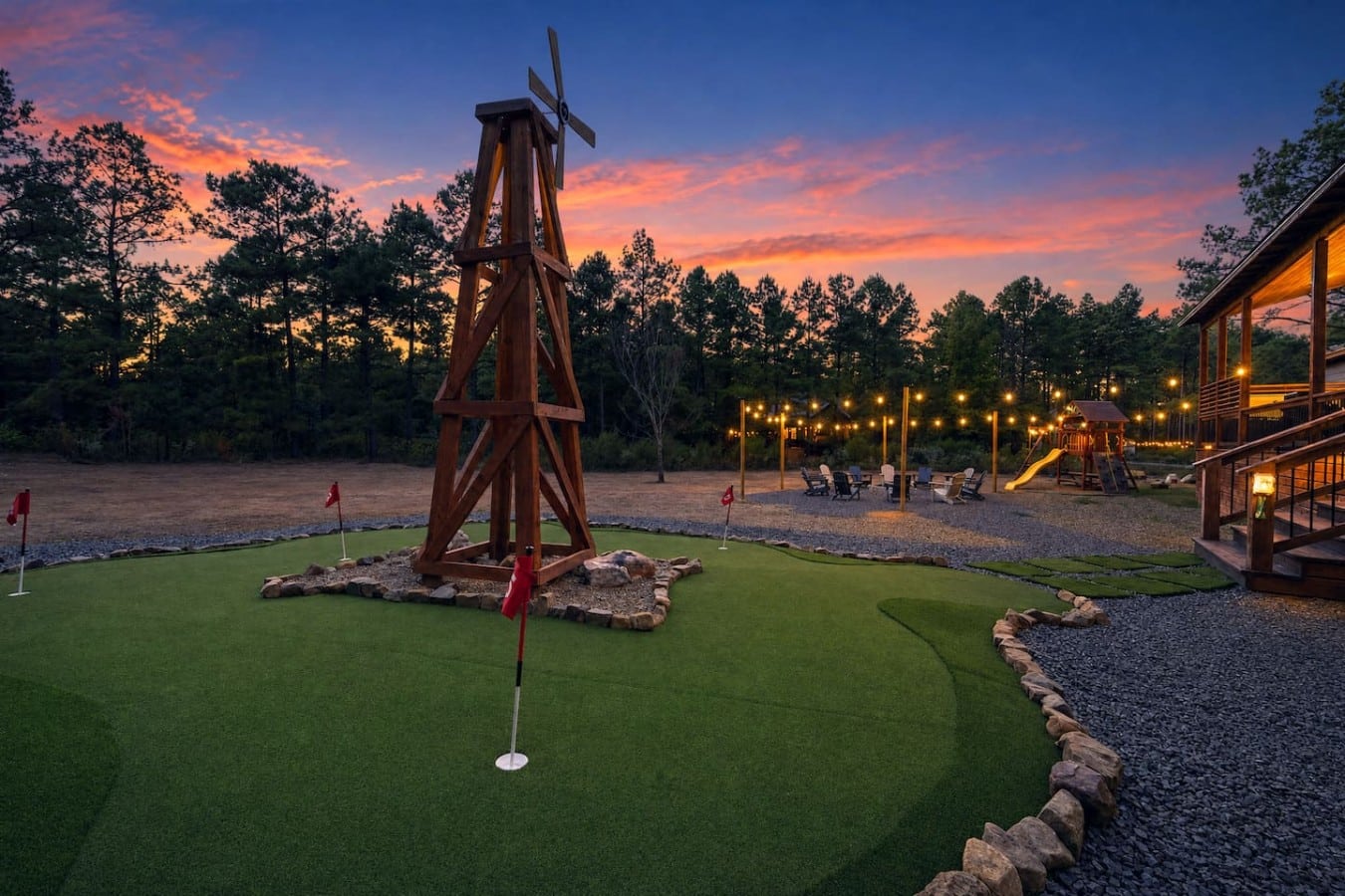 Putt under string lights as the sky explodes in orange and blue behind you.