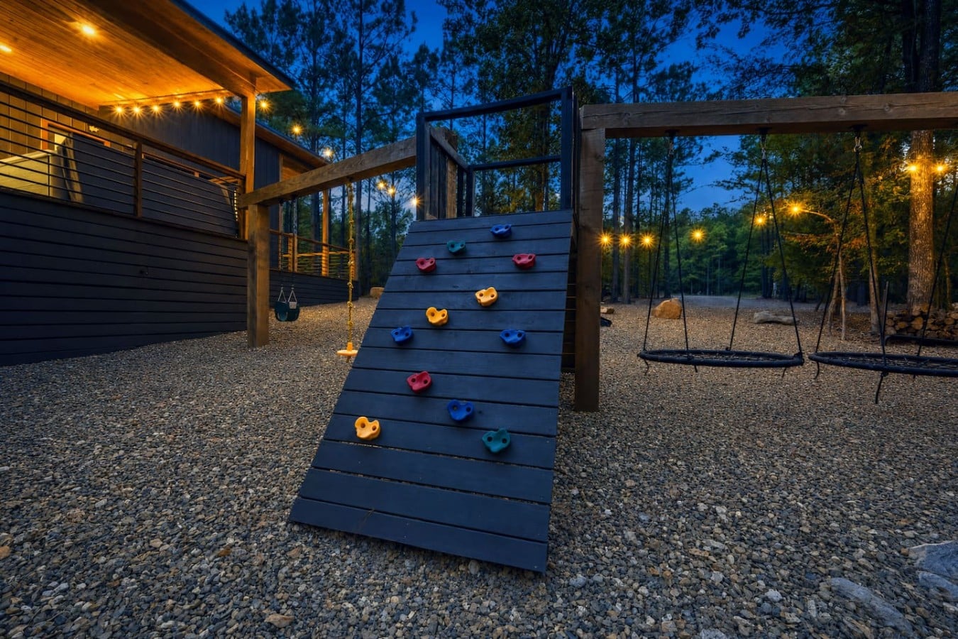 Kids will beg for just one more swing as string lights flicker on at dusk.
