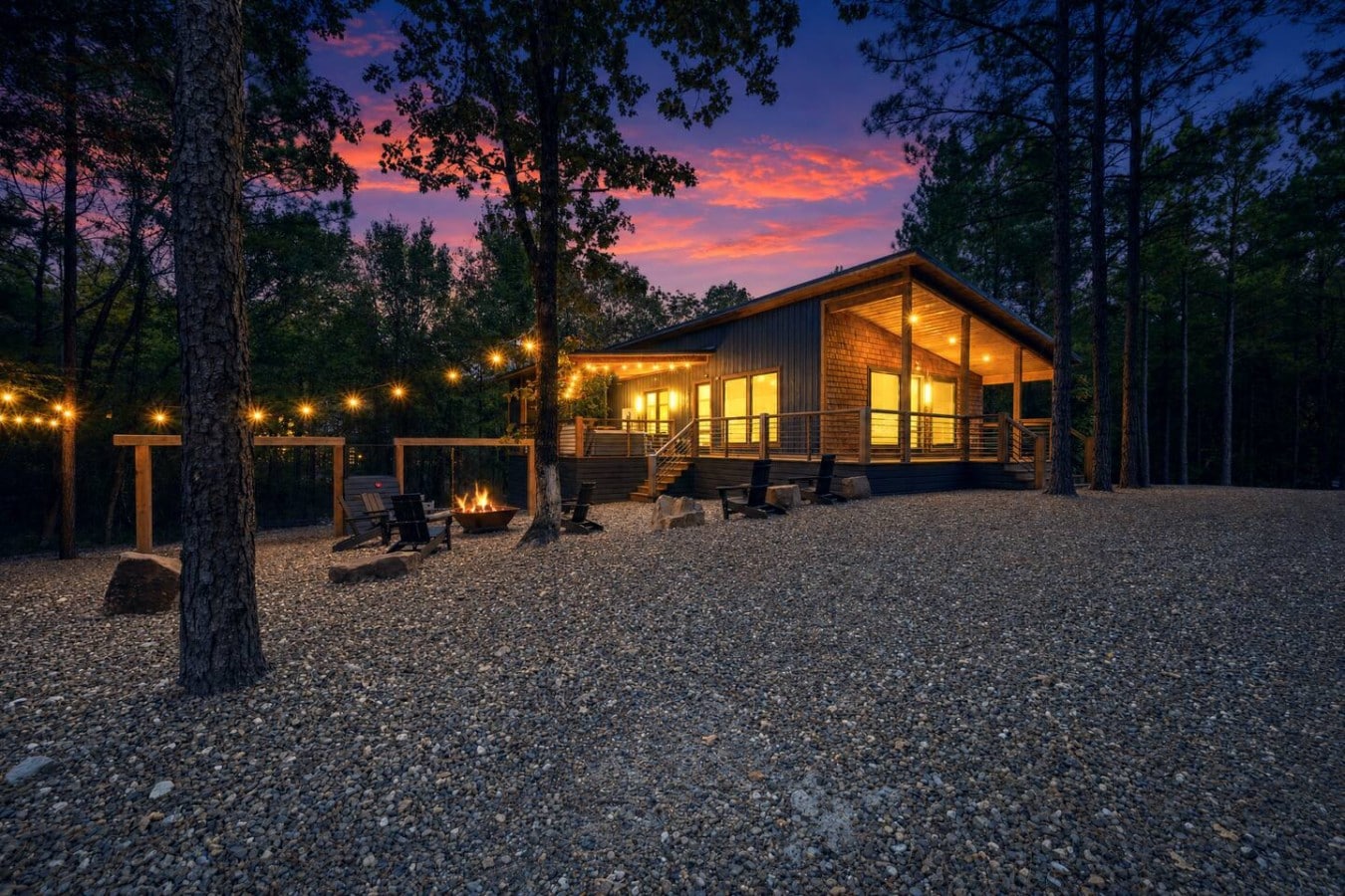 Pink skies, firelight, and Adirondack chairs—your perfect Hochatown evening starts here.