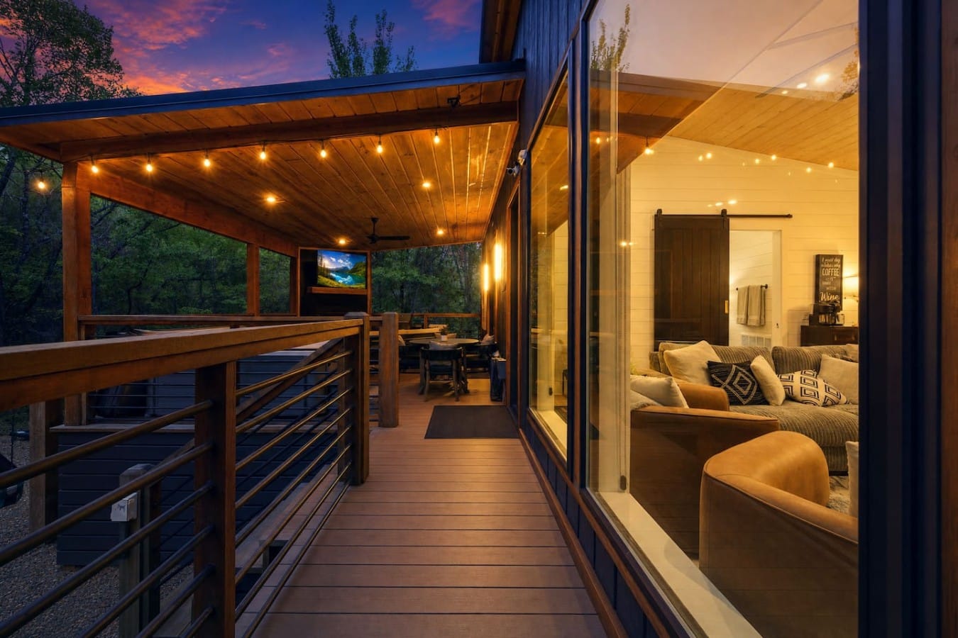Dine, watch TV, and sip wine as a jaw-dropping sunset blazes beyond the deck railings.